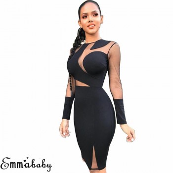 Lady Long Sleeve Bandage Bodycon Casual Solid Party Cocktail Club Short Mini Dress Black